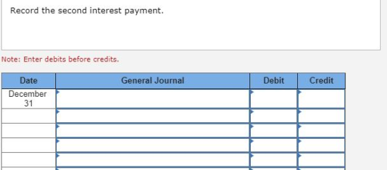 Record the second interest payment. Note: Enter debits before credits. General Journal Debit Credit Date December