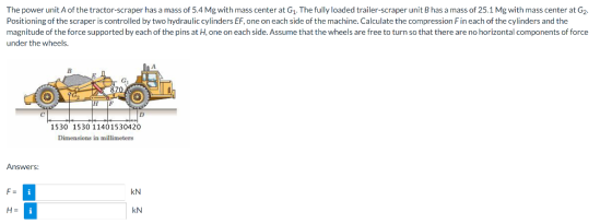 The power unit A of the tractor-scraper has a mass of 5.4 Mg with mass center at G1. The fully loaded trailer-scraper unit B