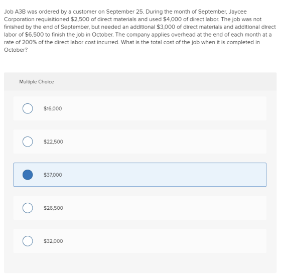 Job A3B was ordered by a customer on September 25. During the month of September, Jaycee Corporation requisitioned $2,500 of