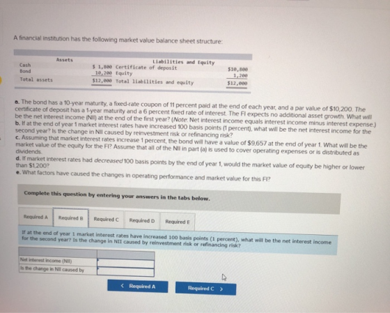 A financial institution has the following market value balance sheet structure: Assets Liabilities and Equity $ 1,800 Certifi