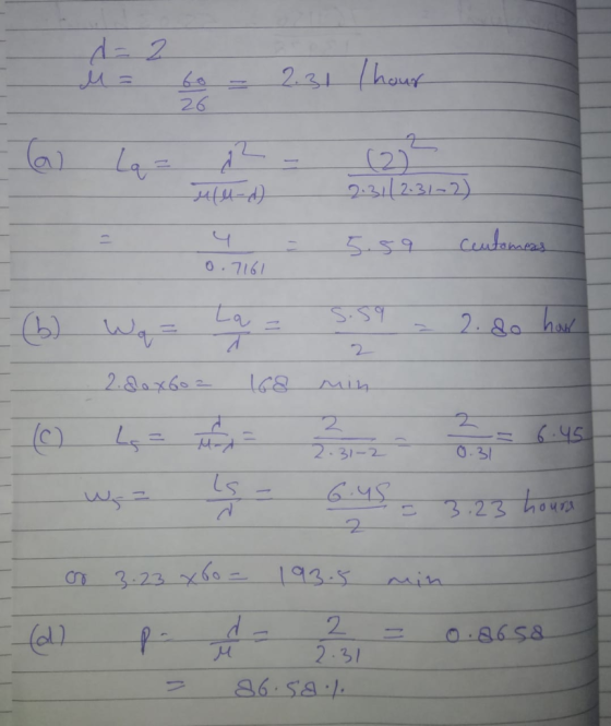 u = to - 2.31 hour uud) 2.31/2.31-2) - 0.7161 5.59 Cuntomess 0.7167 - (b) Wq = La = 5.59 = 2. do have - 2.80x602 168 min 0.31
