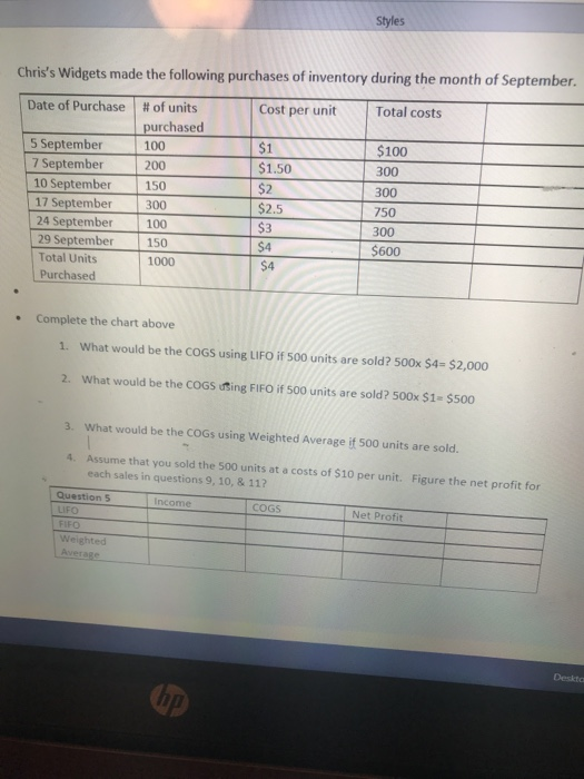 Styles Chriss Widgets made the following purchases of inventory during the month of September. Total costs Cost per unit #of