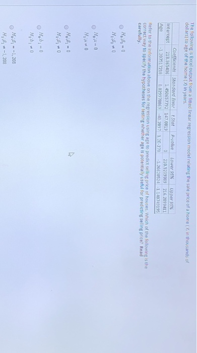 The following is Excel output from a fitted linear regression model relating the sale price of a home (y in thousands of doll