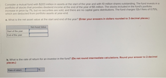 Consider a mutual fund with $203 million in assets at the start of the year and with 10 million shares outstanding. The fund