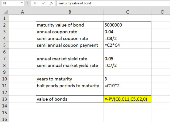 B2 X-/ maturity value of bond maturity value of bond annual coupon rate semi annual coupon rate semi annual coupon payment C2*C4 5000000 0.04 C3/2 annual market yield rate semi annual market yield rateC7/2 0.05 10 years to maturity half yearly periods to maturity -C10*2 12 13 14 15 16 value of bonds -PV(C8,C11,C5,C2,0)