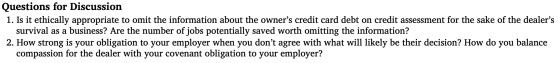 Questions for Discussion 1. Is it ethically appropriate to omit the information about the owners credit card debt on credit