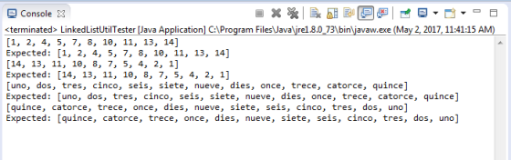 Console X sterminated> LinkedListUtilTester [Java Application] C:lProgram Files Java ljrel.8.0 731bin javaw.exe (May 2, 2017,
