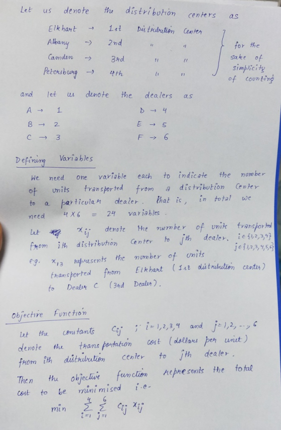 Let us denote Hhu distribotron centers as Albany 2vd amdun3nd Petersburg- 9th for the sake of simplicitg of counting and let us dunote the dealers as A1 82 D efirug Variables He need one variable each to indicste the nom ber of umits transported from a distrilution Cenier to a particulan dealer. İhat is, in total we need ut X 6-24 vanables frem ih distributhion Center to ith dealer, ie,3 eg. χ13 httresents the number of units tnansportedl rom Elkhart (iatdbeion centus) to Dealv C (3rd Dealer to Dealr C (3nd Dealn Objectire Function denote the than pertaton cost (datlars per unit) from th diturutien centerto ith dea le Then thu objeclve fumclien Aepme sents the to tal ceut to be mini mised ie ml η
