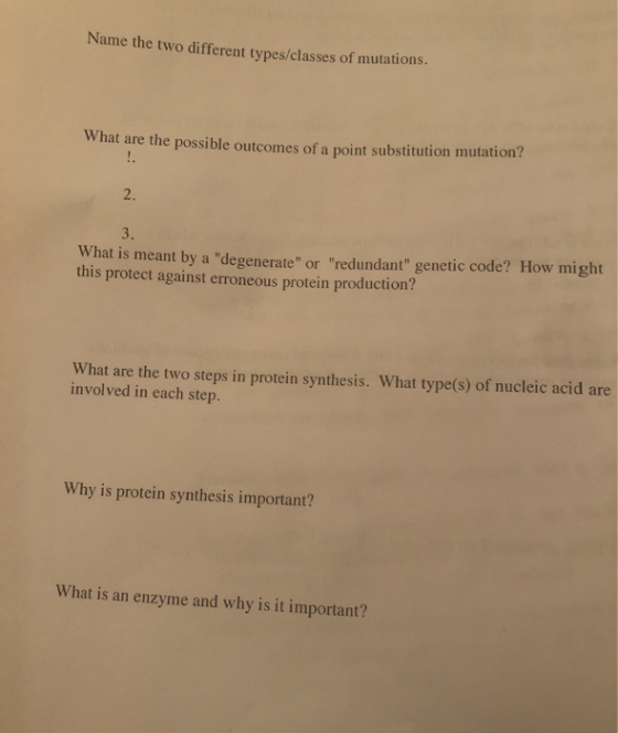 Name the two different types/classes of mutations. What are the possible outcomes of a point substitution mutation? What is m