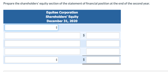 Prepare the shareholders equity section of the statement of financial position at the end of the second year. Equitee Corpor