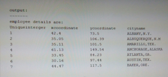 output: employee details are: Uniqueinterger xcoordinate 42.4 35.05 35.11 61.13 33.45 30.16 44.47 ycoordinate 73.5 106.39 101