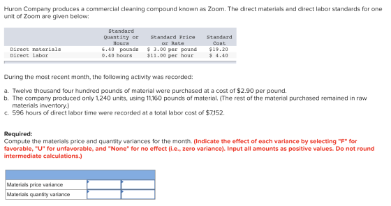 Huron Company produces a commercial cleaning compound known as Zoom. The direct materials and direct labor standards for one