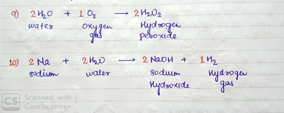 9 240 + 1 O2 water oxygen → 2H202 Hydrogen pesoxide W 2 Ma sodivan + 2H2O water 2 NOOH + 1₂ sodium Hydrogen Hydroxide Ics Sca