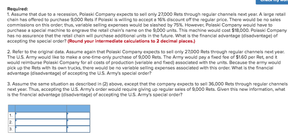 EUGEN WUI Required: 1. Assume that due to a recession, Polaski Company expects to sell only 27,000 Rets through regular chann