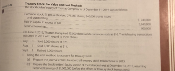 Treasury Stock: Par Value and Cost Methods The stockholders equity of Thomas Company as of December 31, 2014, was as follows
