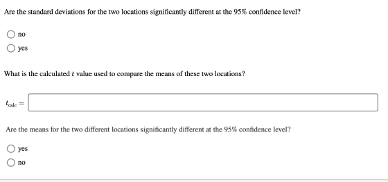Are the standard deviations for the two locations significantly different at the 95% confidence level? Ono O yes What is the