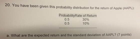 20. You have been given this probability distribution for the return of Apple (AAPL). Probability Rate of Return 0.5 30% 0.5