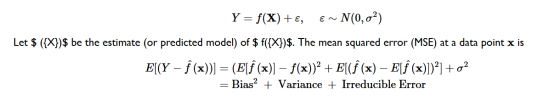 Y = f(X) +€, e~ N(0,0%) Let $ ({X})$ be the estimate (or predicted model) of $ f({X})$. The mean squared error (MSE) at a dat