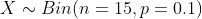 X ~ Bin(n = 15, p = 0.1)
