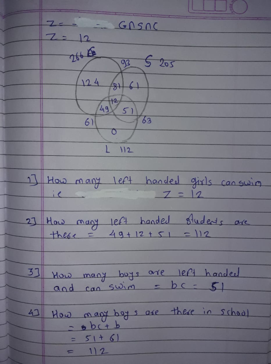 Gnsno 193 5 205 (124 49 67 51 63 L 112 2] How many left handed girls can swim Z=12 2] How many left handed there 49+ 12 +5l s