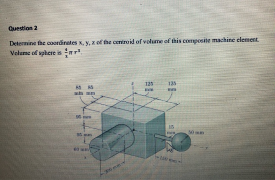 Question 2 Determine the coordinates x, y, z of the centroid of volume of this composite machine element. Volume of sphere is