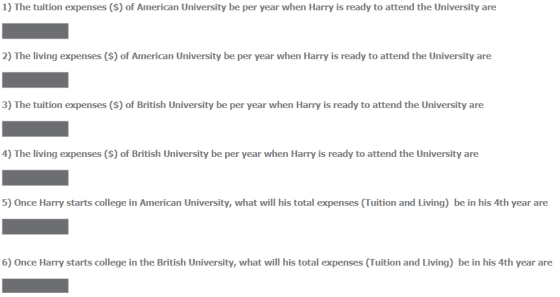 1) The tuition expenses ($) of American University be per year when Harry is ready to attend the University are 2) The living