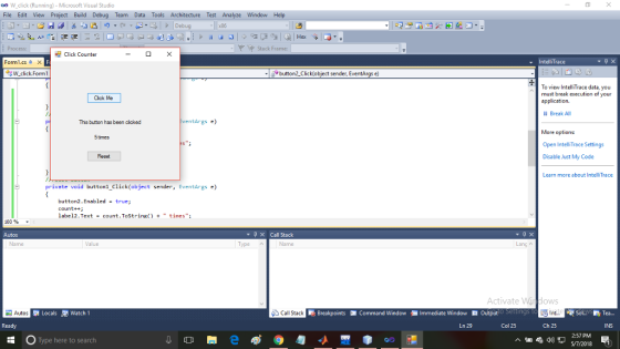 oo W click (Running) - Microsoft Visual Studio File Edit View Project Build Debug Team Data Tools Architecture Test Analyze W
