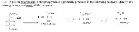 IIIB. (8 pts) In chloroplasts, 3 phosphoglycerate is primarily produced in the following pathway. Identify any missing factor