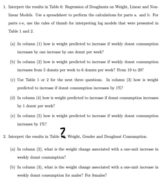 1. Interpret the results in Table 6: Regression of Doughnuts on Weight, Linear and Non- linear Models. Use a spreadsheet to p