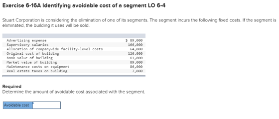 Exercise 6-16A Identifying avoidable cost of a segment LO 6-4 Stuart Corporation is considering the elimination of one of its