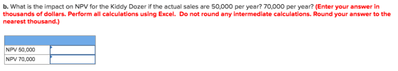 b. What is the impact on NPV for the Kiddy Dozer if the actual sales are 50,000 per year? 70,000 per year? (Enter your answer in thousands of dollars. Perform all calculations using Excel. Do not round any intermediate calculations. Round your answer to the nearest thousand.) NPV 50,000 NPV 70,000