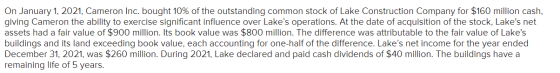 On January 1, 2021, Cameron Inc. bought 10% of the outstanding common stock of Lake Construction Company for $160 million cas