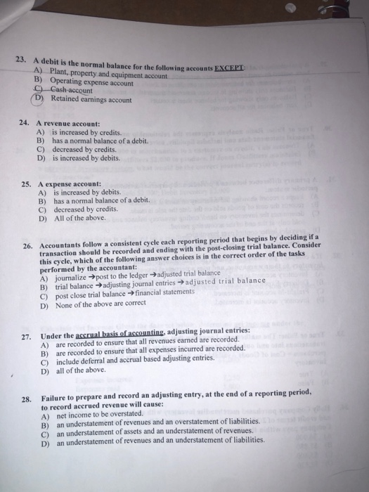 23. A debit is the normal balance for the following accounts EXCEPT A) Plant, property and equipment account B) Operating exp
