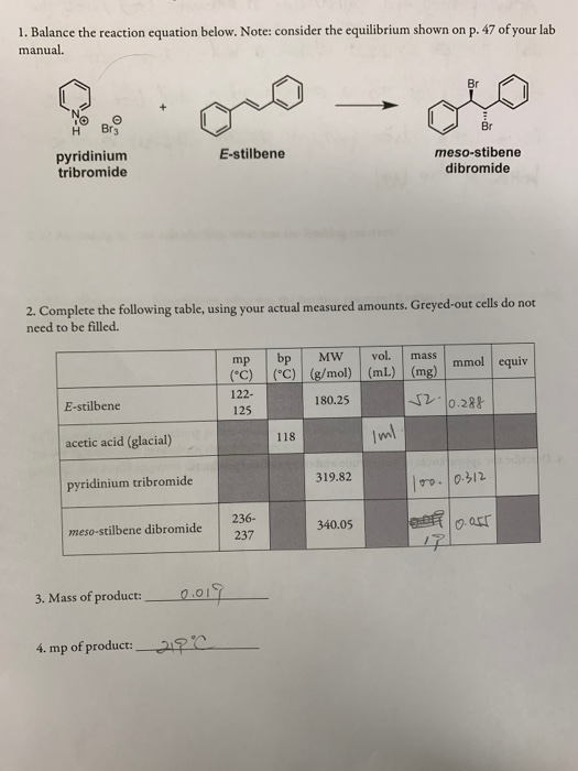 1. Balance the reaction equation below. Note: consider the equilibrium shown on p. 47 of your lab manual. MOBI pyridinium tri