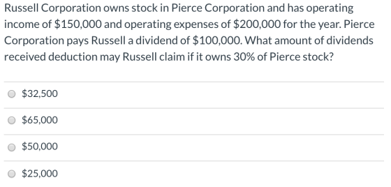Russell Corporation owns stock in Pierce Corporation and has operating income of $150,000 and operating expenses of $200,000