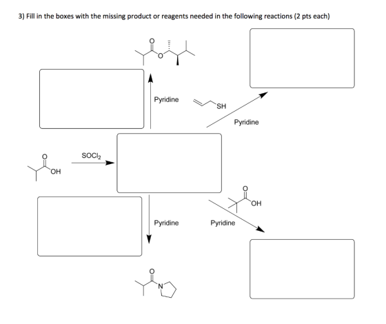 3) Fill in the boxes with the missing product or reagents needed in the following reactions (2 pts each) Pyridine Pyridine SO