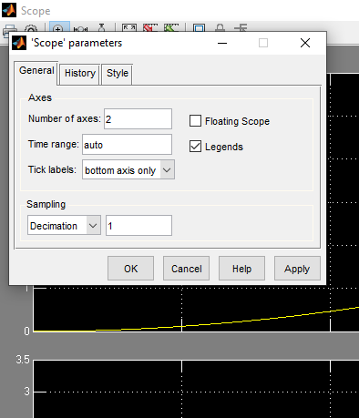 Scope HO RAKT Scope parameters X General History Style Axes Number of axes: 2 | Floating Scope Time range: auto Legends Tic