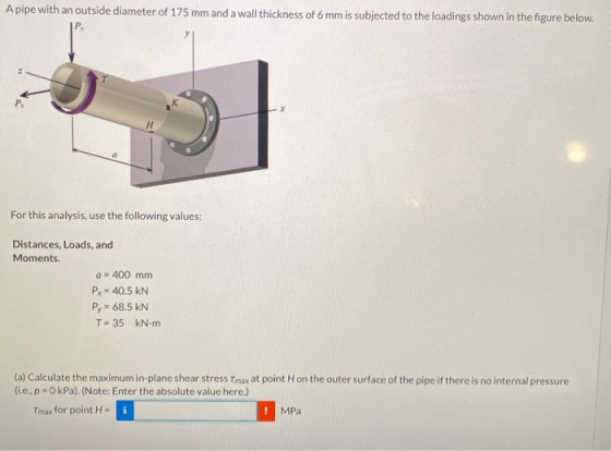 A pipe with an outside diameter of 175 mm and a wall thickness of 6 mm is subjected to the loadings shown in the figure below