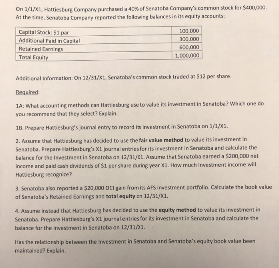 On 1/1/X1, Hattiesburg Company purchased a 40% of Senatoba Companys common stock for $400,000. At the time, Senatoba Company
