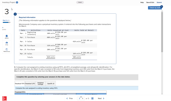 Inventory Project i Saved Help Save & Exit Submit Check my work Required information [The following information applies to th