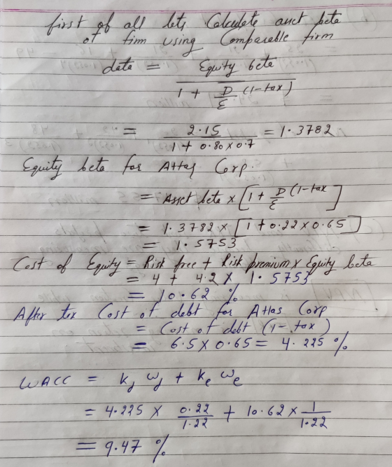 first (6 of all lets Calculate auct bete I tim using Comparable firm date = Equity bete + D (1-tax) -2.15 = 1.3782 Equity bet