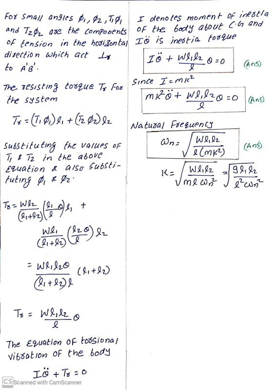 for small angles Di, 02 Toi I denotes moment of inertia and Tzd2 are the components of the body about CG and of tension in th