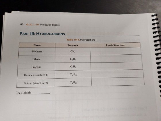 G. C. I-10 Molecular Shapes 80 PART III: HYDROCARBONS Table 10-4. Hydrocarbons Name Lewis Structure Formula CH Methane С Н. E