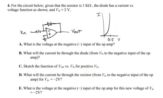 4. For the circuit below, given that the resistor is I ΚΩ , the diode has a current vs. voltage function as shown, and n 2 V, A. What is the voltage at the negative ()input of the op amp? B. What will the current be through the diode (from Vin to the negative input of the op C. Sketch the function of Vout Vs. Vin for positivei D. What will the current be through the resistor (from Vin to the negative input of the op E. What is the voltage at the negative ( input of the op amp for this new voltage of Vin amp)? amp) for Vin2V?