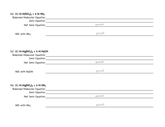 2b) 0.1 M AI(NO)s6 M NH, Balanced Molecular Equation Ionic Equation Net Ionic Equation NIE with NH 3a) 0.1 M Mg(NO)26 M NaOH