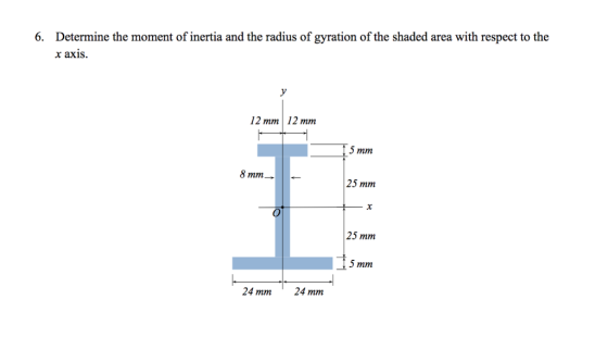 6. Determine the moment of inertia and the radius of gyration of the shaded area with respect to the x axis. 12 mm 12 mm 5 mm 25 mm 25 mm 5 mm 24 mm 24 mm