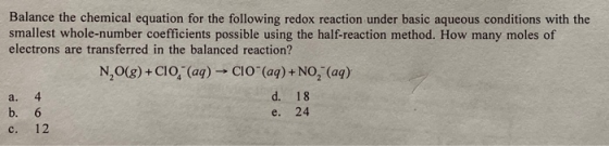 Balance the chemical equation for the following redox reaction under basic aqueous conditions with the smallest whole-number