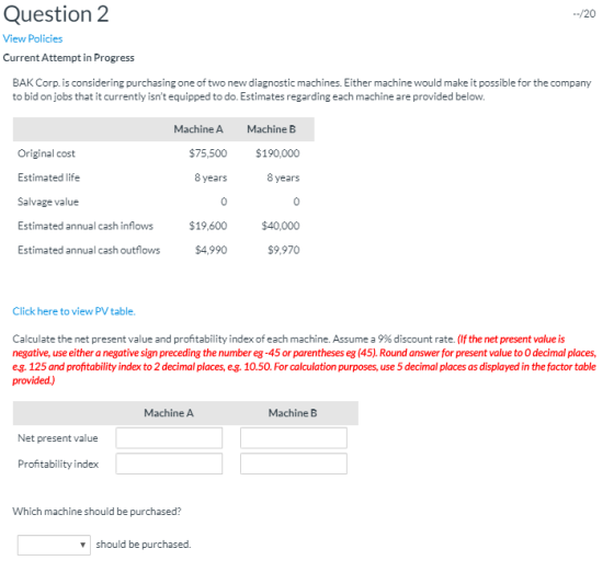 --/20 Question 2 View Policies Current Attempt in Progress BAK Corp. is considering purchasing one of two new diagnostic mach