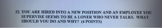 22. YOU ARE HIRED INTO A NEW POSITION AND AN EMPLOYEE YOU SUPERVISE SEEMS TO BE A LONER WHO NEVER TALKS. WHAT SHOULD YOU DO A