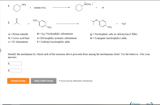 ANH2 N(CH); I - On camo - Orion .. + excess CH3 + HI + H2O CH CH a = Proton transfer b = Lewis acid base c=E2 elimination d =